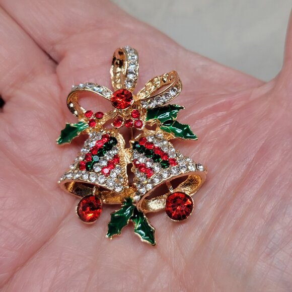 Christmas Bells Brooch Mistletoe Goldtone Red Green Rhinestones 2 Inch High - Picture 5 of 7
